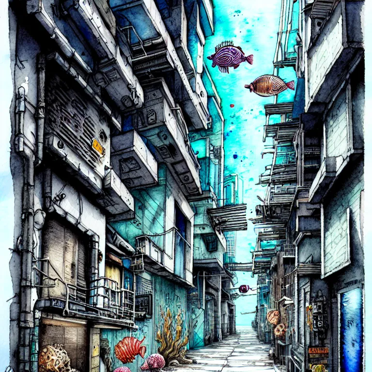 Image similar to an absurdly-detailed cyberpunk alleyway watercolor-calligraphy-pen drawing. Sea-life in a submerged-city.