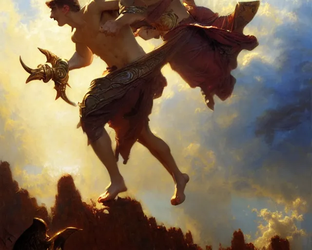 Image similar to attractive heroic male deity, casts magic, summoning handsome heroic lucifer morning star. highly detailed painting by gaston bussiere, craig mullins, j. c. leyendecker 8 k