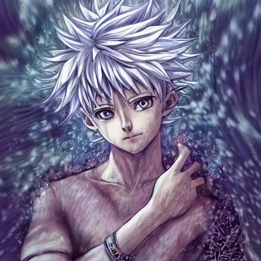 Image similar to killua zoldyck made of jewlery, an ultrafine detailed illustration by ( vania zouravliov ), rossdraws, irakli nadar, intricate linework, bright colors, final fantasy, behance contest winner, angular, unreal engine, global illumination, radiant light, detailed and intricate environment, thunderstorms