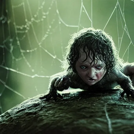 Image similar to Lord of the rings spider eating a human baby in its web realistic painting ultra detailed horror UHD 4k