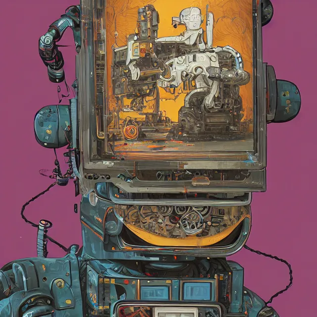 Prompt: robot artist painting a self - portrait on a canvas. intricate, highly detailed, digital matte painting, in the style of alexandros pyromallis, and in the style of sachin teng, and in the style of hans thoma, and in the style of ken kelly. irony, recursion, inspiration.