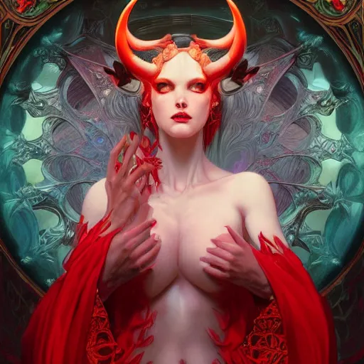 Image similar to Portrait of beautiful pale demon girl with horns, red lighting, intricate, elegant, highly detailed, digital painting, artstation, smooth, sharp focus, illustration, art by artgerm and greg rutkowski and alphonse mucha and Wayne Barlowe