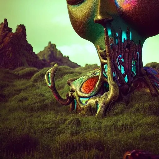 Prompt: ancient giant iridescent dead god being in desolate and lush landscape, moody, :: by James Jean, Jeff Koons, Dan McPharlin Daniel Merrian :: ornate, dynamic, particulate, rich colors, intricate, elegant, highly detailed, centered, artstation, smooth, sharp focus, octane render, 3d