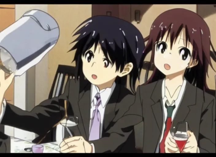 Image similar to A scene from the anime K-On! where Ritsu gets drunk from vodka.