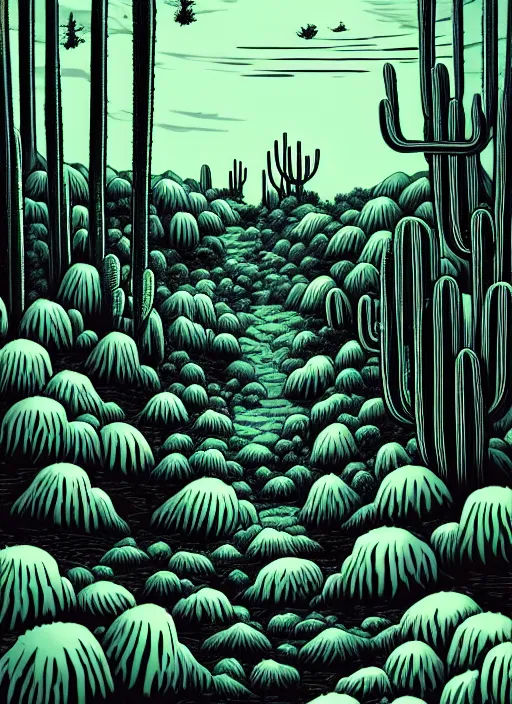 Prompt: art by cat flint, ultra wide shot, black ink linocut print of the cactus forest, high hills, 8 k, frostbite 3 engine, cryengine, ground level shot, dof, trending on artstation, digital art, crepuscular ray