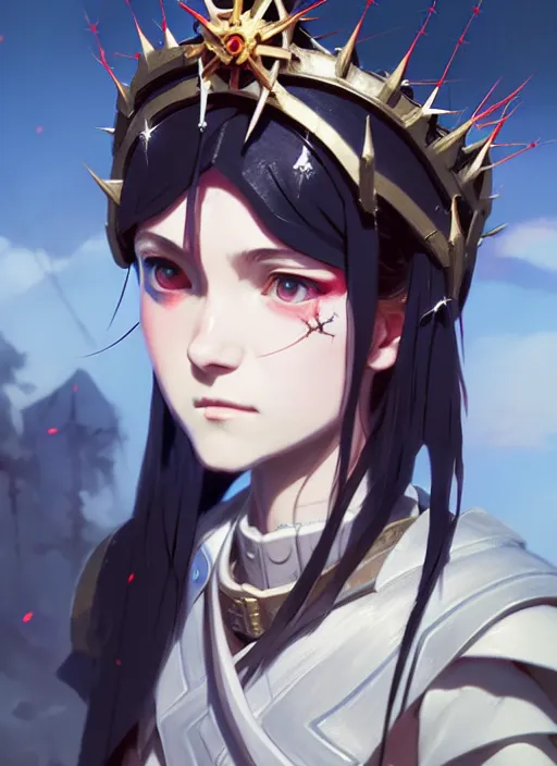 Prompt: a film still portrait of maiden girl with crown of thorns, warhammer 4 0 k, finely detailed features, perfect art, trending on pixiv fanbox, painted by greg rutkowski makoto shinkai takashi takeuchi studio ghibli, akihiko yoshida,