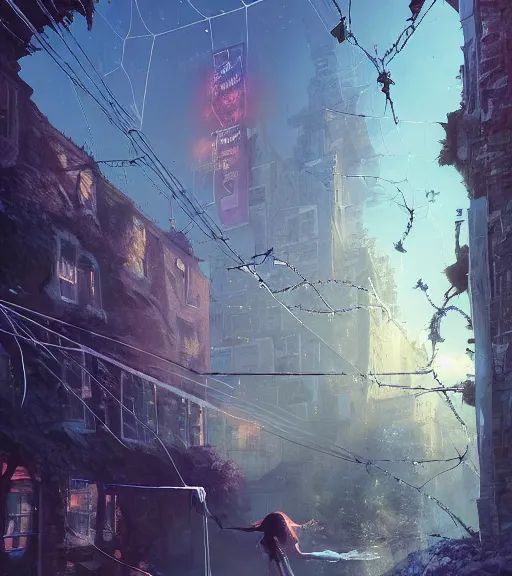 Image similar to highly detailed graffiti of spiderweb, stephen bliss, unreal engine, unreal engine art by greg rutkowski, loish, rhads, ferdinand knab, makoto shinkai and lois van baarle, ilya kuvshinov, rossdraws, tom bagshaw, reflective global illumination, god rays, detailed and intricate environment