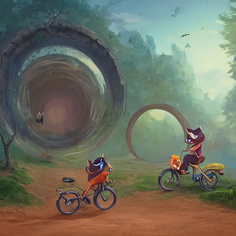 Image similar to A chipmunk riding a bike through a portal. Detailed digital matte painting in the style of simon stalenhag