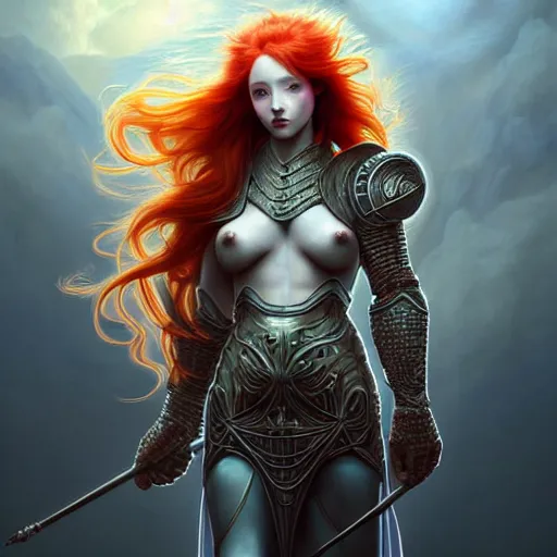 Prompt: beautiful young princess, fire wizard, with fire red hair, freckles. wearing armor inspired by giger with an exposed midriff, standing on a mountain top with epic clouds and volumetric lighting. intricate illustration and highly detailed digital painting. concept art by artgerm. inspired by alphonse mucha, brom art, and larry elmore.