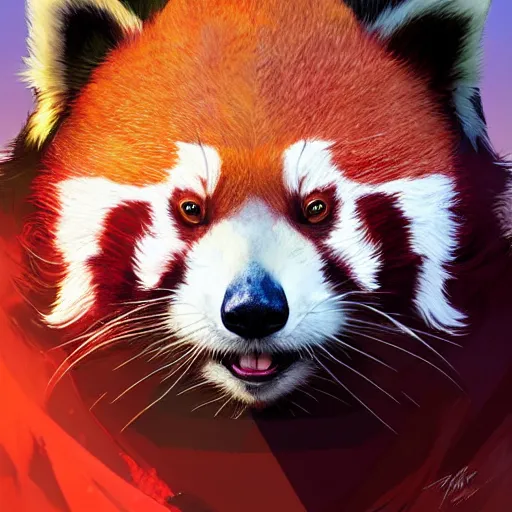 Image similar to red panda as apex legends character, digital illustration portrait design, by android jones and greg rutkowski, retrowave color scheme, detailed, cinematic lighting, wide angle action dynamic portrait