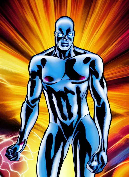 Image similar to A full portrait photo of silver surfer marvel, f/22, 35mm, 2700K, lighting, perfect faces, award winning photography.