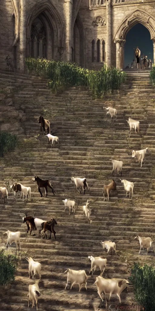 Image similar to a herd of goats! on stairs in a beautiful fantasy cathedral, medieval citadel, medieval castle, many goats, magic, tall towers, gorgeous clouds, colorful, open space, sunrays, digital painting, landscape, octane render, unreal engine, high detail, very realistic