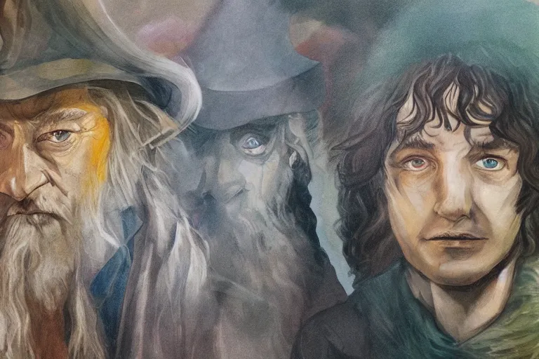 Prompt: gandalf and hobbit frodo painted in the style of francis bacon, expressionist, 4 k, realistic