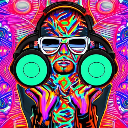 Prompt: svg sticker of a Dancing-Alex-Grey-Psychedelic-Rave-Man, at a rave, spinning records, giant headphones rocking out, wearing headphones, huge speakers, dancing, rave, DJ, spinning records, digital art, amazing composition, rule-of-thirds, award-winning, trending on artstation, featured on deviantart