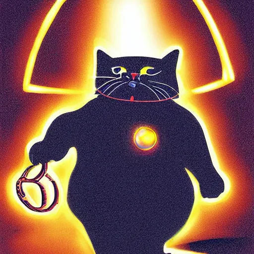 Image similar to Cute digital art depicting a fat cat as The Terminator (1984), glowing eyes