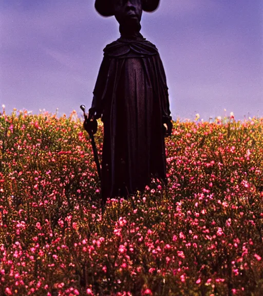 Image similar to mystical black death god figure standing in tall meadow of flowers, film photo, grainy, high detail, high resolution