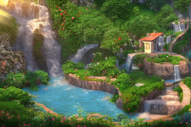 Prompt: Italian villa with a beautiful waterfall in the background, bloom effect, 8k, god rays, trending on artstation