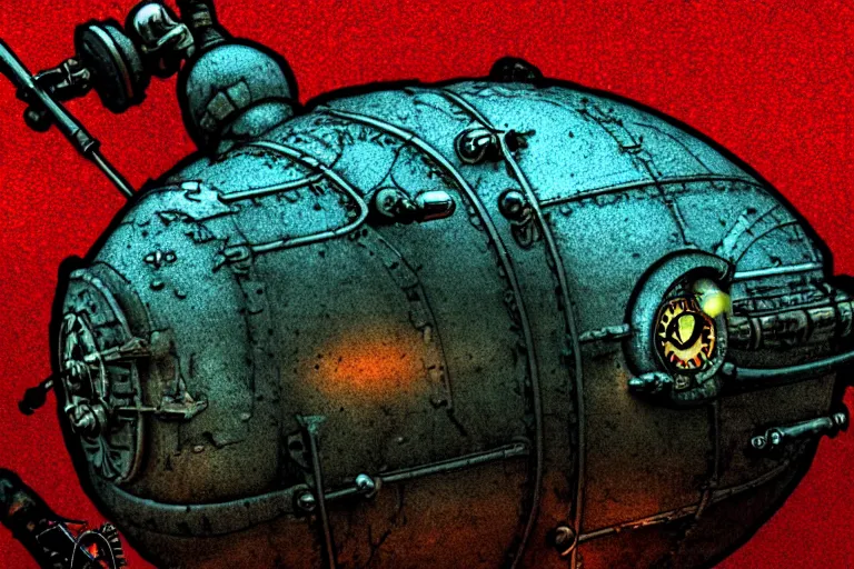 Image similar to steampunk submarine!, in the style of john avon and derek riggs and eva widermann, trending on artstation, halfrear lighting closeup view anaglyph filter, bokeh, anime, colored pencil art, jean henri gaston giraud