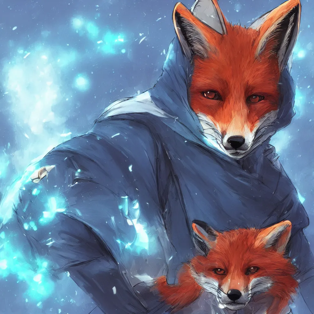 Image similar to a fox in a blue hoodie on the white background hacking a notebook, concept art, anime style, digital art picture, highly detailed, artstation, detailed, award winning, colorful