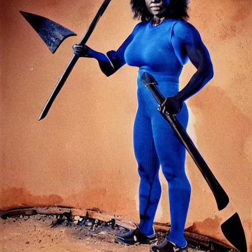 Prompt: 90's professional color photograph, A very muscular miner black woman in blue, short black hair, wielding a pickaxe in the mine. stunningly, beautiful, intricate, elegant, digital painting, smooth, sharp focus, beautiful bone structure, symmetrical features