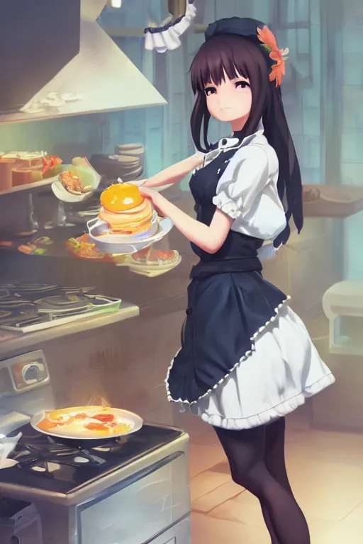 Prompt: a cute android maid girl cooking breakfast, character art portrait, anime key visual, official media, illustrated by wlop, extremely detailed, 8 k, trending on artstation, cinematic lighting, beautiful,