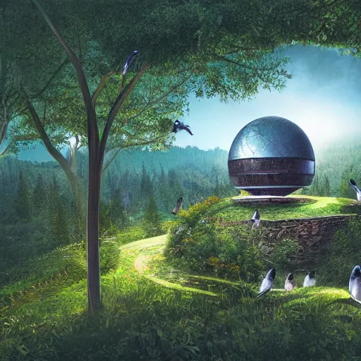 Image similar to round sci-fi building in a forested valley with birds, sense of hope, daytime, bright sky, digital art, art station, extremely detailed