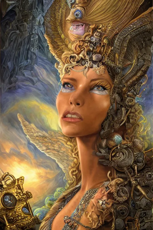 Image similar to Mystical Valkyrie, Portrait of a beautiful female Atlantean Reptilian Warrior, Realistic, Regal, Refined, Detailed Digital Art, Michael Cheval, Walt Disney (1937), François Boucher, Oil Painting, Steampunk, Highly Detailed, Cinematic Lighting, Unreal Engine, 8k, HD