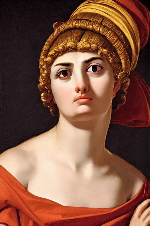 Image similar to beautiful woman, scared face, closeup, dressed in roman clothes, ultra detailed, art by Guido Reni style