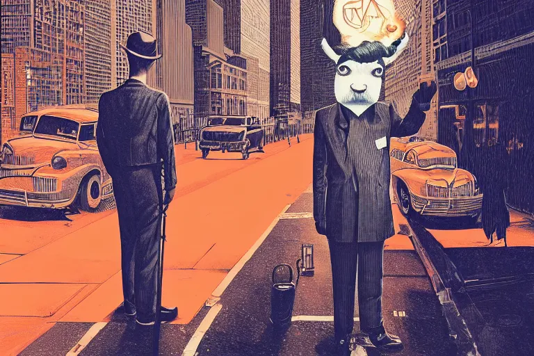 Image similar to an orange llama wearing a 1 9 4 0's noire detective outfit, standing in the streets of chicago at night looking at a crime scene, crime scene photography by moebius, junji ito, tristan eaton, victo ngai, artgerm, rhads, ross draws, hyperrealism, intricate detailed, risograph, optical illusion