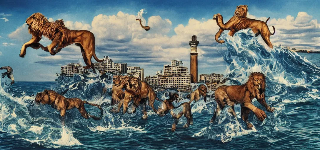 Prompt: apocaliptic Portrait of the city of Mar del Plata with a offshore oil dripping , crowd of sudamericans lions sea, by stephen Shoreand Arthur Adams , epic composition 35mm, 8k