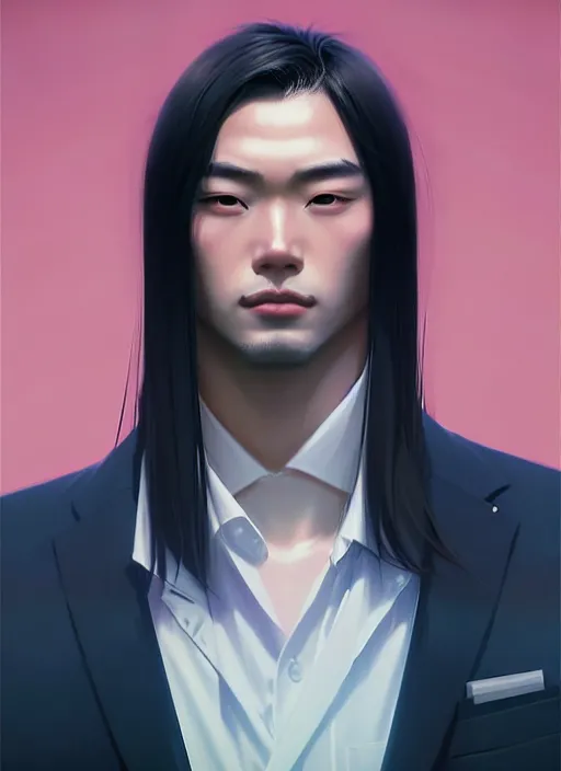 Prompt: a man in his twenties, handsome, asians ， long hair, suit ， perfect face, symmetric eyes, sharp focus, specular reflection, occlusion shadow, artstation, by ilya kuvshinov and jeremy lipking, light novel cover art, 3 d epic illustrations, symmetric body