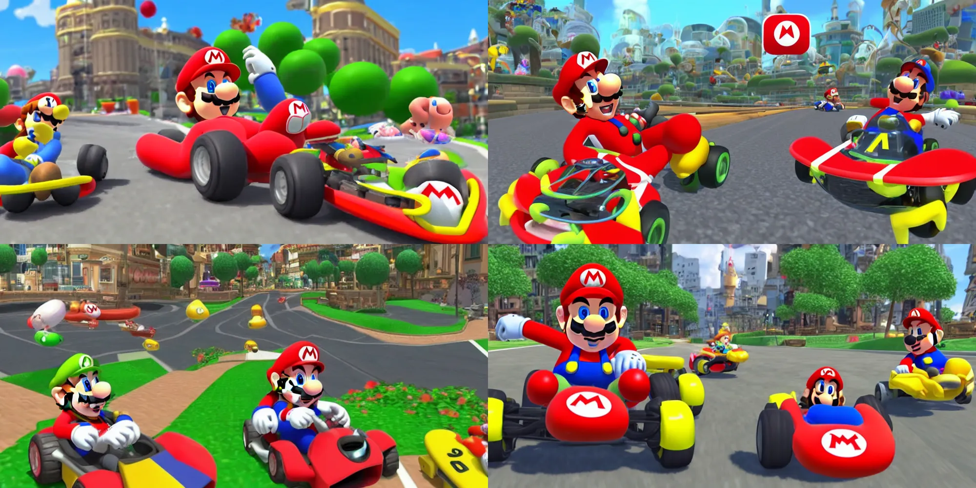 Prompt: gameplay footage of Mario Kart but the course is just a normal street