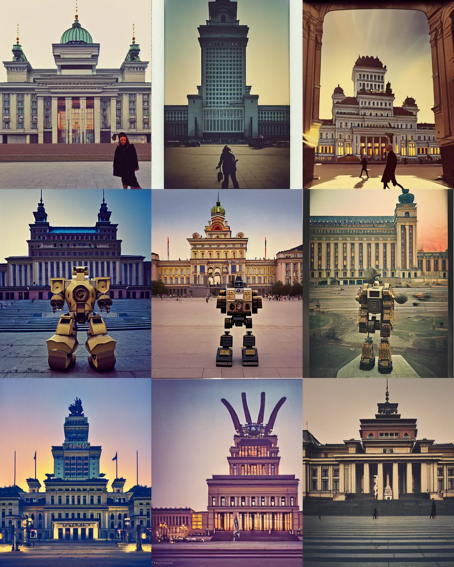 Prompt: palace of culture in warsaw, giant oversized battle chubby intricate robot rabbit mech with big oversized ears ,palace of culture , Cinematic focus dof , Polaroid vintage color photo , vintage! , neutral dull colors, soft lights, sunset backlight , full body, by Steve Hanks, by Serov Valentin, by lisa yuskavage, by Andrei Tarkovsky