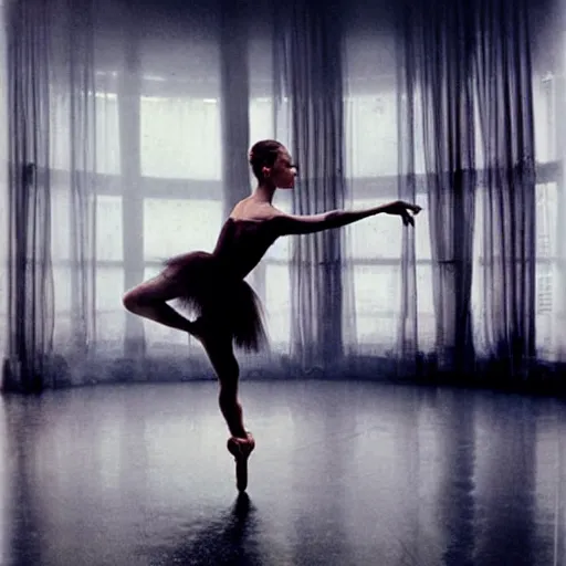 Image similar to portrait of a ballerina, dancing in the rain, cinematic light and reflections, beautiful dreamy lighting, by annie leibovitz,