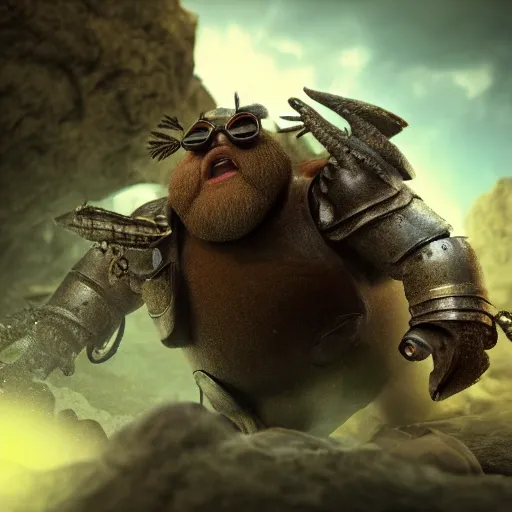 Image similar to highly detailed octane render of a short fat ugly man with a giant beard wearing goggles and armour and screaming and running in a cave whilst being chased by large insects