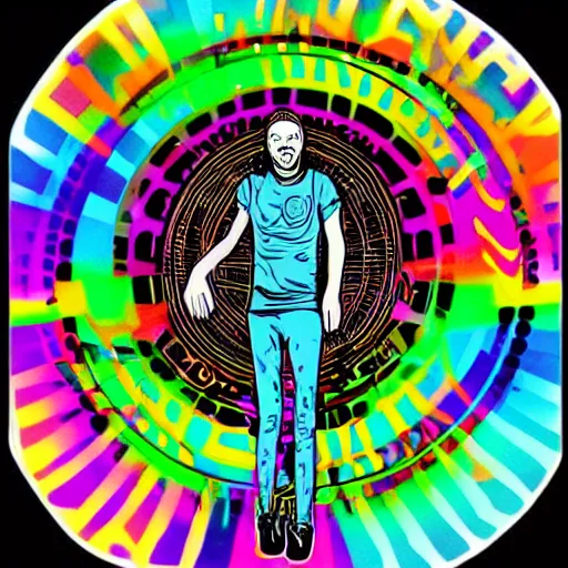 Image similar to svg sticker of a Dancing-Alex-Grey-Psychedelic-Rave-Man, at a rave, spinning records, giant headphones rocking out, wearing headphones, huge speakers, dancing, rave, DJ, spinning records, digital art, amazing composition, rule-of-thirds, award-winning, trending on artstation, featured on deviantart