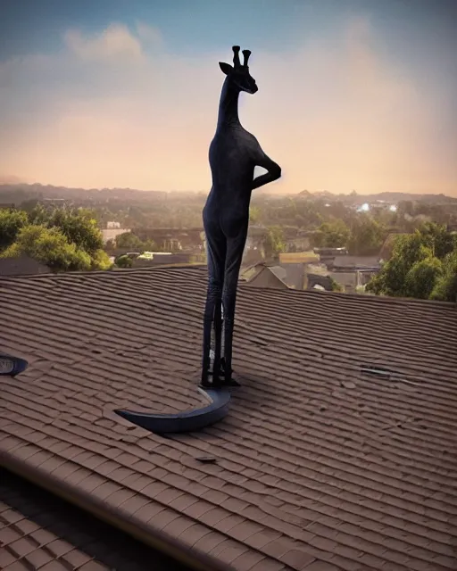 Image similar to rubber flat roofing installation services on garage roof halifax, fantasy, a giraffe standing on the roof, giraffe looks like a kangaroo, intricate, epic lighting, cinematic composition, hyper realistic, 8 k resolution, unreal engine 5, by artgerm, tooth wu, dan mumford, beeple, wlop, rossdraws, james jean, marc simonetti, artstation