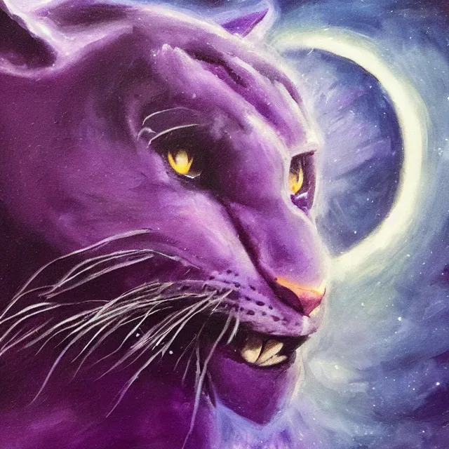 Image similar to closeup of a purple panther roaring at the moon in the forest. night. large moon in the center. cinematic. oil painting. concept art