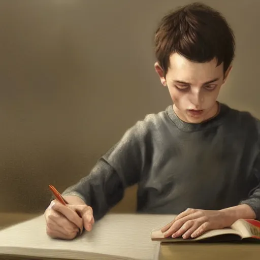 Prompt: Epic portrait An exhausted boy doing homework while his angry dad is watching him, Blurred backround, Cozy, atmospheric, digital painting, artstation, concept art, soft light, hdri, smooth, sharp focus, illustration, fantasy, intricate, elegant, highly detailed, D&D, matte painting, in the style of Greg Rutkowski and Alphonse Mucha and artemisia, 8k, highly detailed, jurgens, rutkowski, bouguereau, pastoral, rustic, georgic