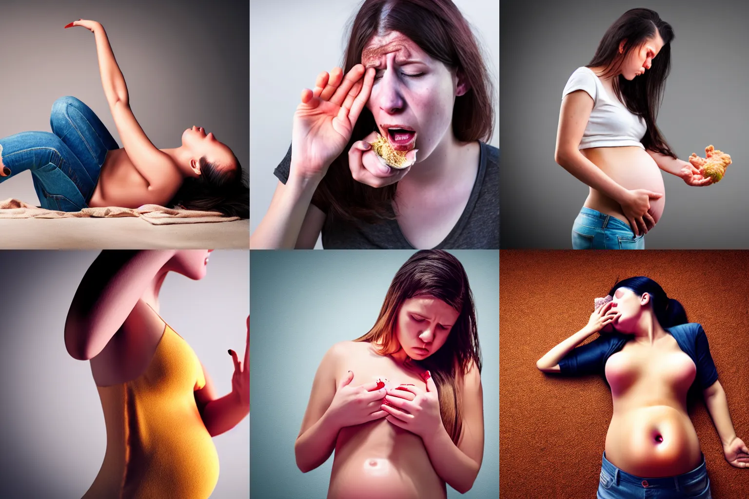 Prompt: young pregnant woman throwing up after eating, high detail, 4 k, hyper real