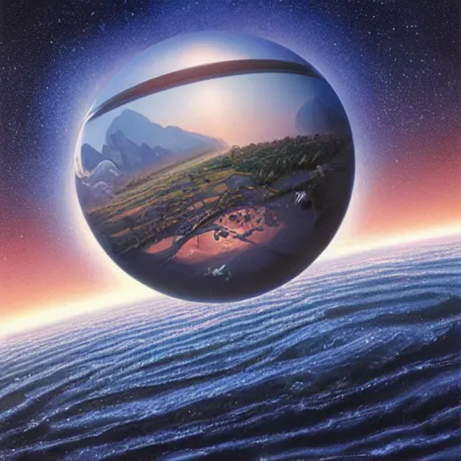 Image similar to A hyper-realistic low angle wide shot matte painting of an impossible floating sphere of water by Alex Grey and John Harris and Stephan Martiniere. Subject in view, symmetrical composition, f11