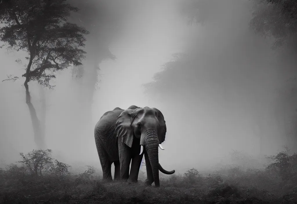 Prompt: a king elephant, his trunk is a big tentacle, in a jungle with ominous light from above, ambient light, fog, river, symmetrical, poetic