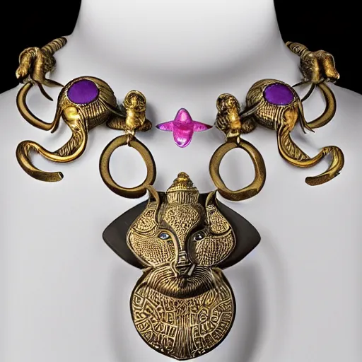 Prompt: artnouveau necklace of sekhmet and bastet by René lalique