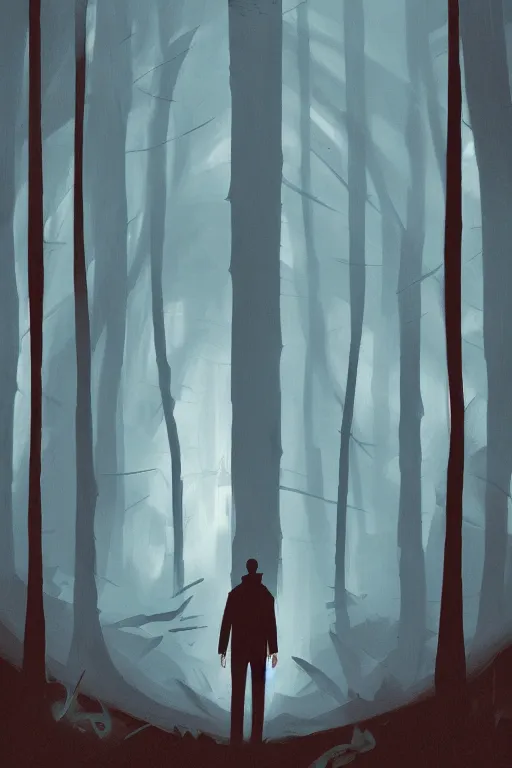 Image similar to concept art painting of a guy with huge white wings standing in a dark forest, moody vibe, moody lighting, sunbeams, artgerm, moebius, inio asano, toon shading, cel shading, calm, tranquil, vaporwave colors,