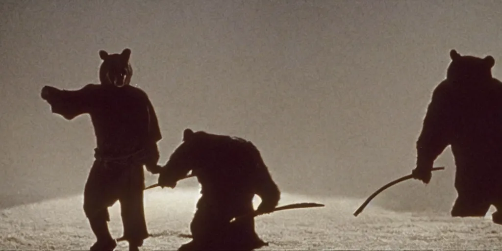 Prompt: scene from Shogun’s Shadow, 1989, movie still, cinematic, anthropomorphic, half man half asian black bear, black bear samurai, Moon Bear Samurai, epic, samurai