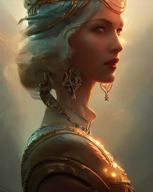 Image similar to Queen of Atlantis, gorgeous portrait, intricate, elegant, volumetric lighting, scenery, digital painting, highly detailed, artstation, sharp focus, illustration, concept art, ruan jia, steve mccurry