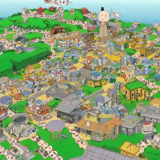 Image similar to a town designed by hayao miyazaki, studio ghibli