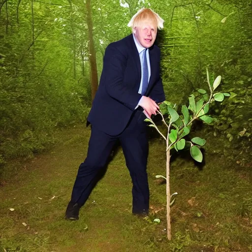 Image similar to Trail Cam footage of Boris Johnson Stealing a small tree sapling at nightime