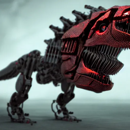 Prompt: still of a cyborg T-Rex, red eyes, robotic extended arms, 4k, film grain, 85mm