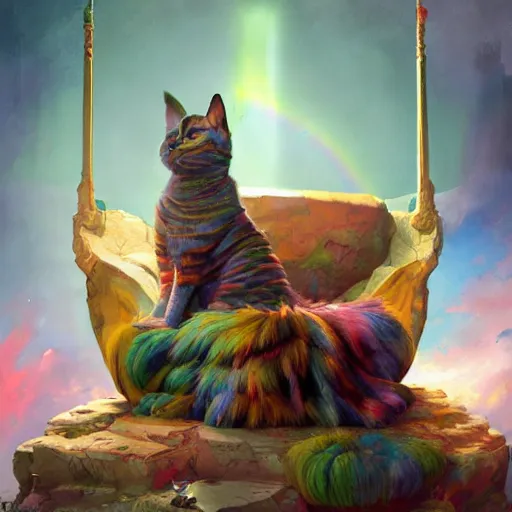 Image similar to The Rainbow cat enthroned , hyperrealism, no blur, 4k resolution, ultra detailed, style of Peter Mohrbacher, James Gurney, Ismail Inceoglu